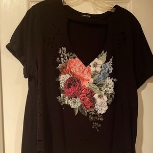 Torrid size 1 distressed shirt with flowers and cut out neckline